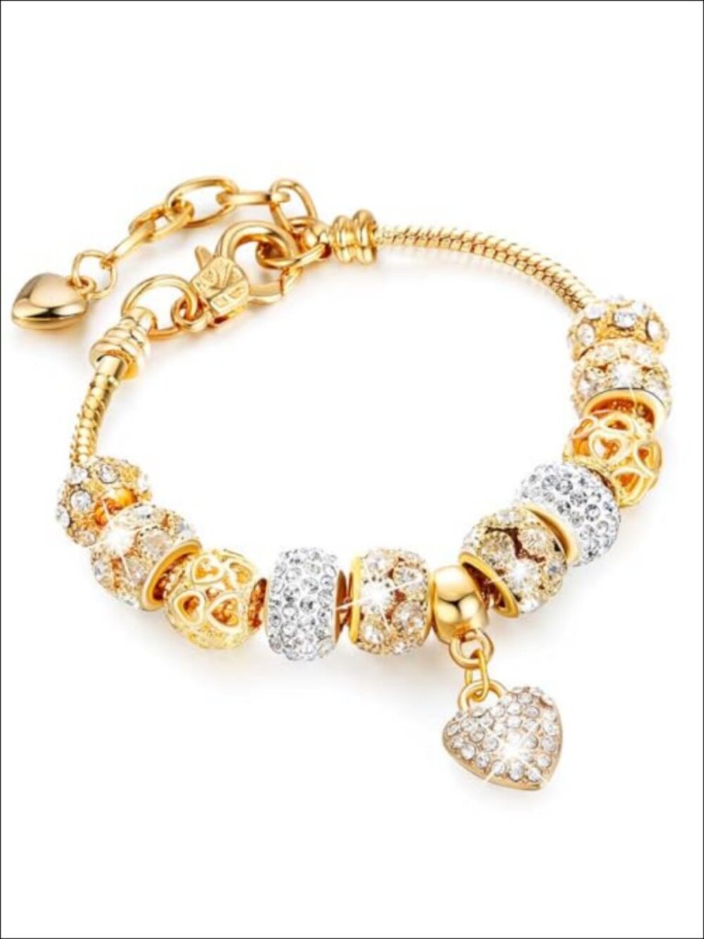 Gold Beads Rhinestone Heart Charm Bangle Bracelet Adjustable for Women